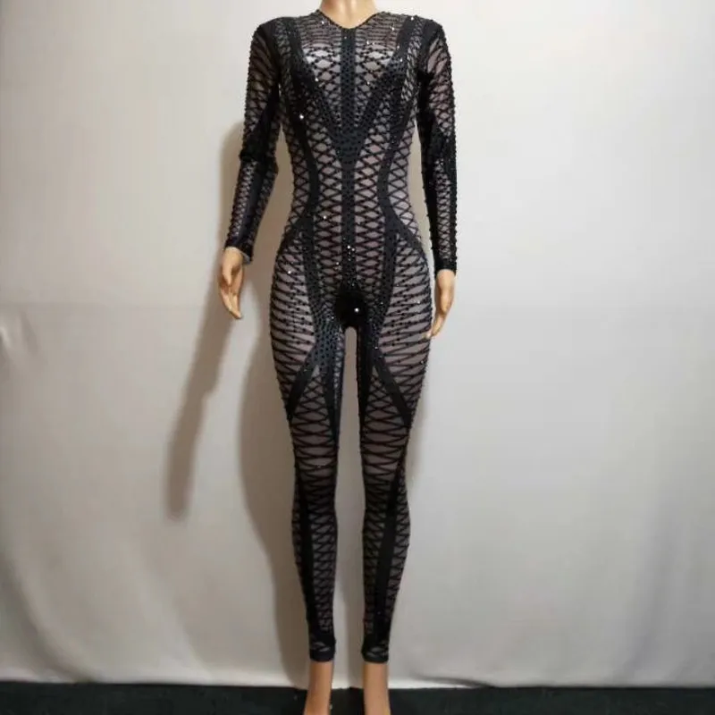 Sexy Black Bandage Print Evening Party Jumpsuit Women Stretch Skinny Nightclub Bodysuit DJ Singer Stage Catsuits Pole Dance Wear