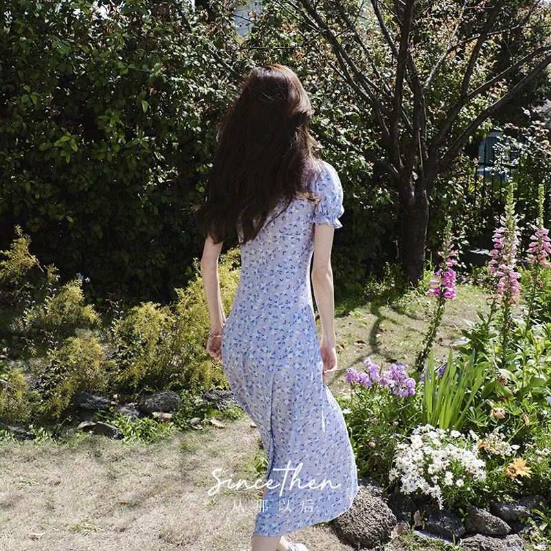 

2021 Summer Floral Dress Women Square Collar Beach Elegant Vintage Dress Female Evening Party Design Slim One Piece Dress Korean