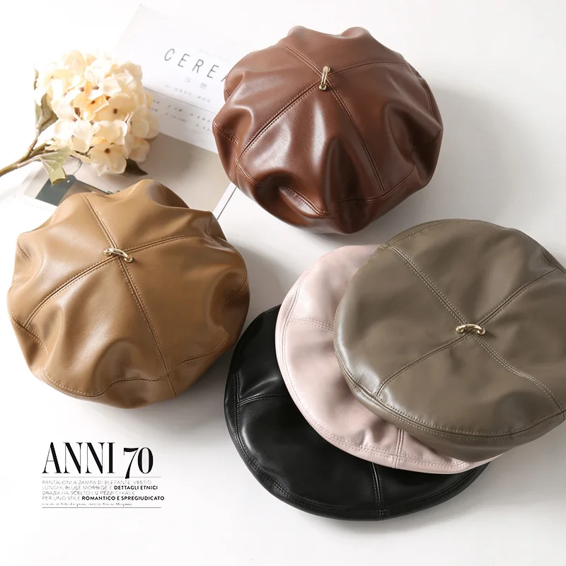 Autumn Pu Leather Beret Women Fashion Winter Warm Hat French Solid Wool Berets Lady Painter Hat Vintage Female Warm Walking Cap
