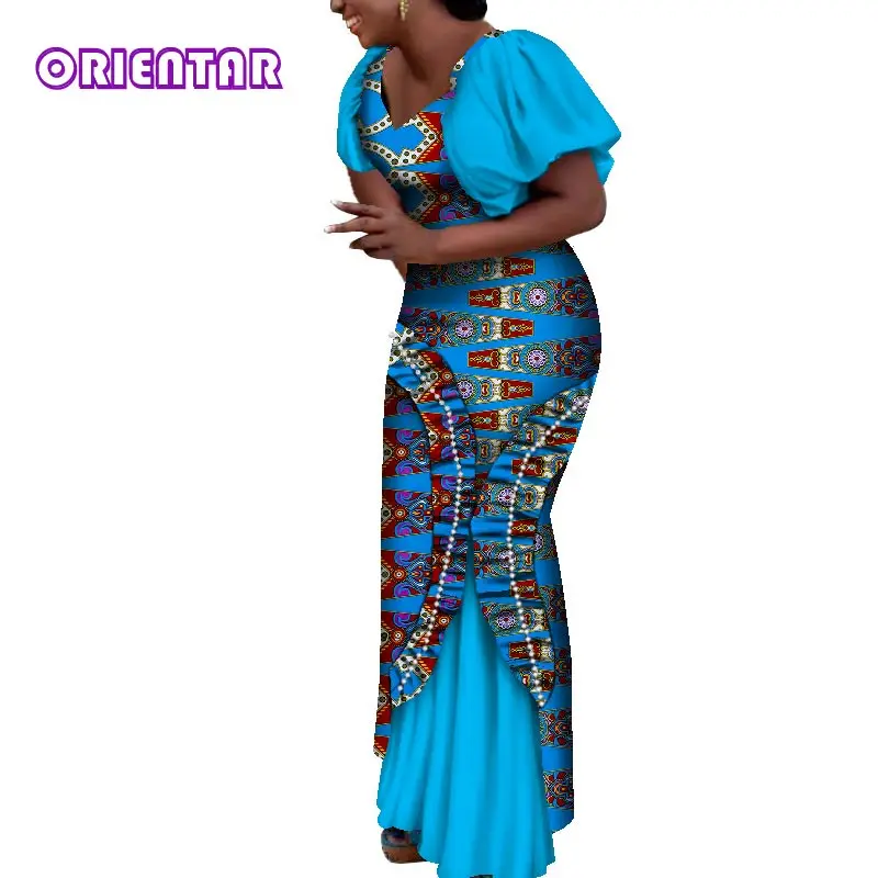

African Print Long Maxi Dresses Women Short Sleeve African Wax Cotton Dress 2021 New Muslim Fashion Evening Gowns WY9059