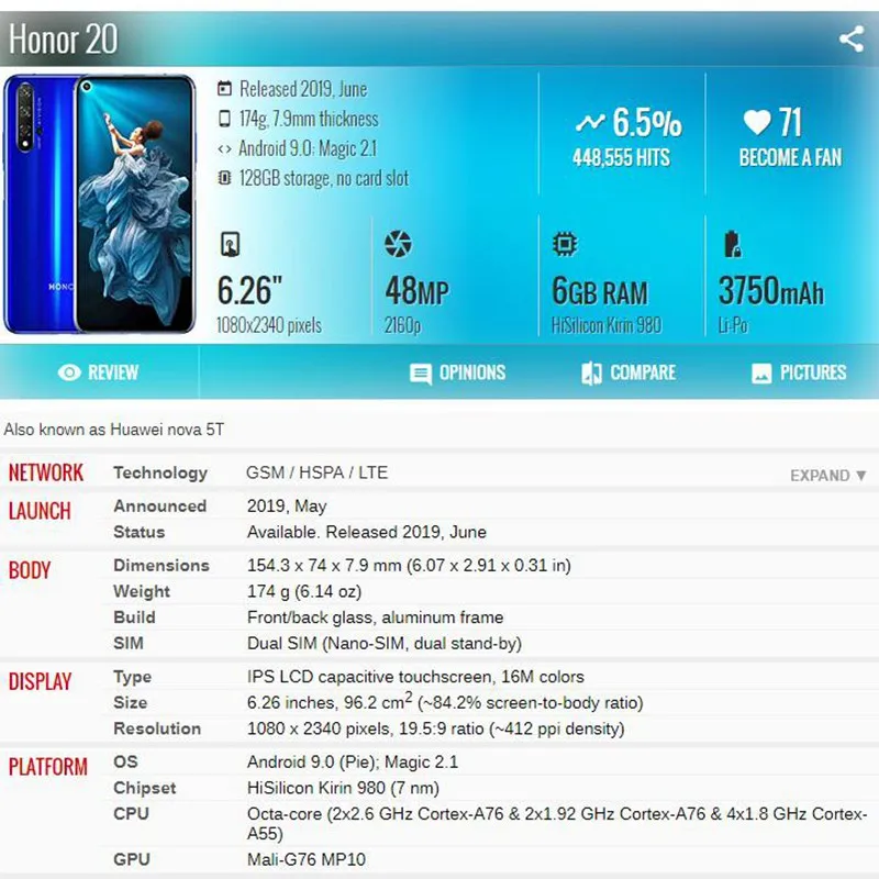 Оригинальный чехол на заднюю крышку аккумулятора для Honor 20 + стеклянный объектив