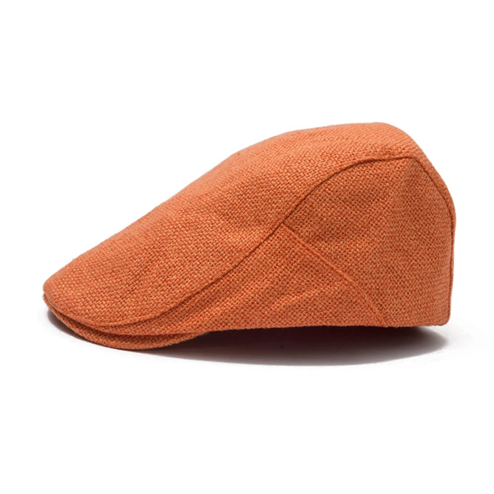 

SHOWERSMILE Summer Mens Beret Linen Flat Cap Adjustable Newsboy Cap Breathable Vintage Solid Orange Ivy Duckbill Hat