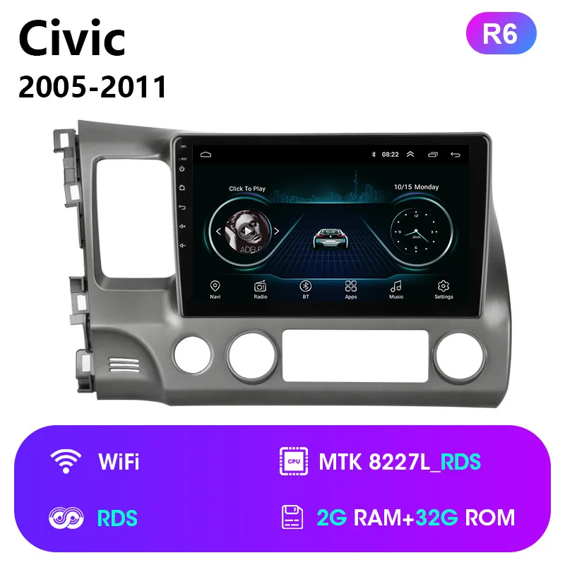 2G 32G Android 8,1 4G wifi Автомобильный Радио Мультимедиа Видео плеер для Honda Civic 2005-2011 Навигация gps 1024*600+ специальная рамка - Цвет: R6