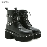 2021 lace up thick heel short rivets boots women belt buckle side zipper ankle motorcycle boots students autumn shoes
