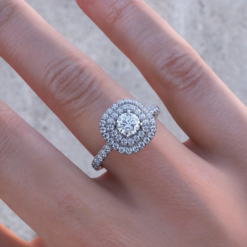

14K White Gold EF Color Hearts and Arrows Cut Moissanite Double Halo Engagement Ring Women's Bridal Ring Wedding Bands