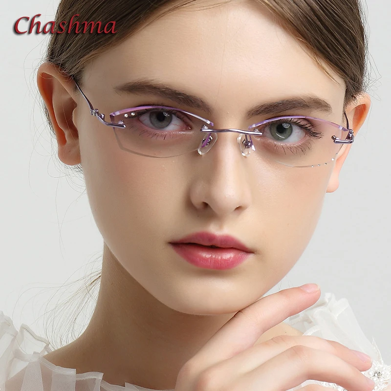 

Glasses Women Eyeglasses Frames Rimless Colored Prescription Glass Diamonds Trimmed Anti Blue Ray Anti Resistance Lens