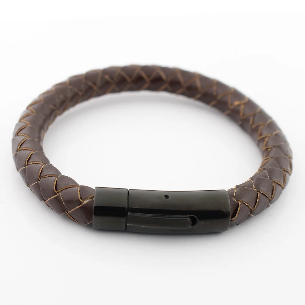 

8MM Retro Genuine Leather Bracelet for Men Never Fade Stainless steel Black Magnet Clasp Bangles