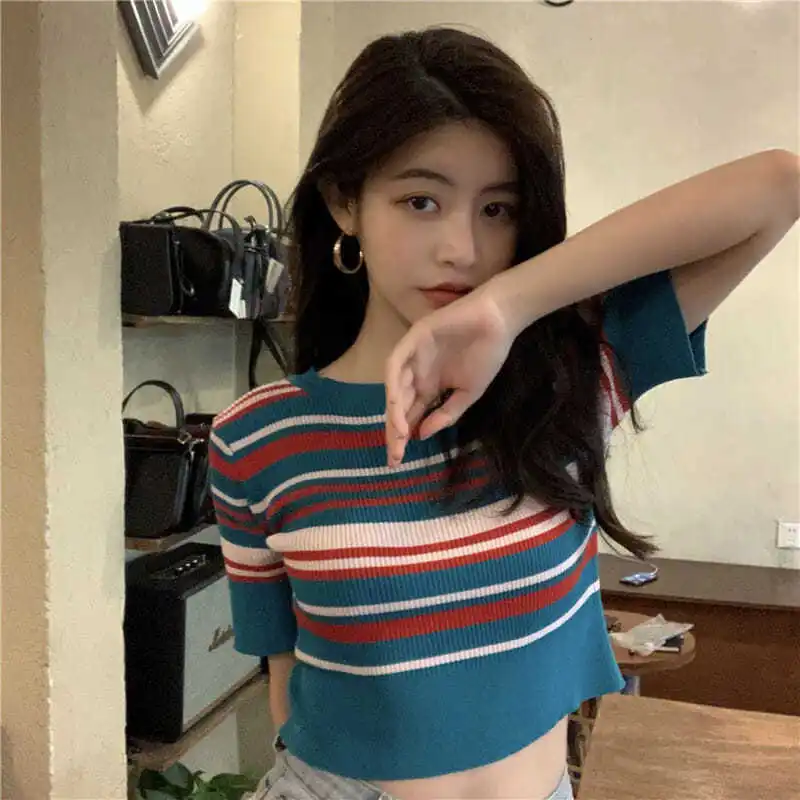 

Retro striped contrast color short-sleeved sweater women summer slim slimming crop top y2k Top women Woman clothing Corset