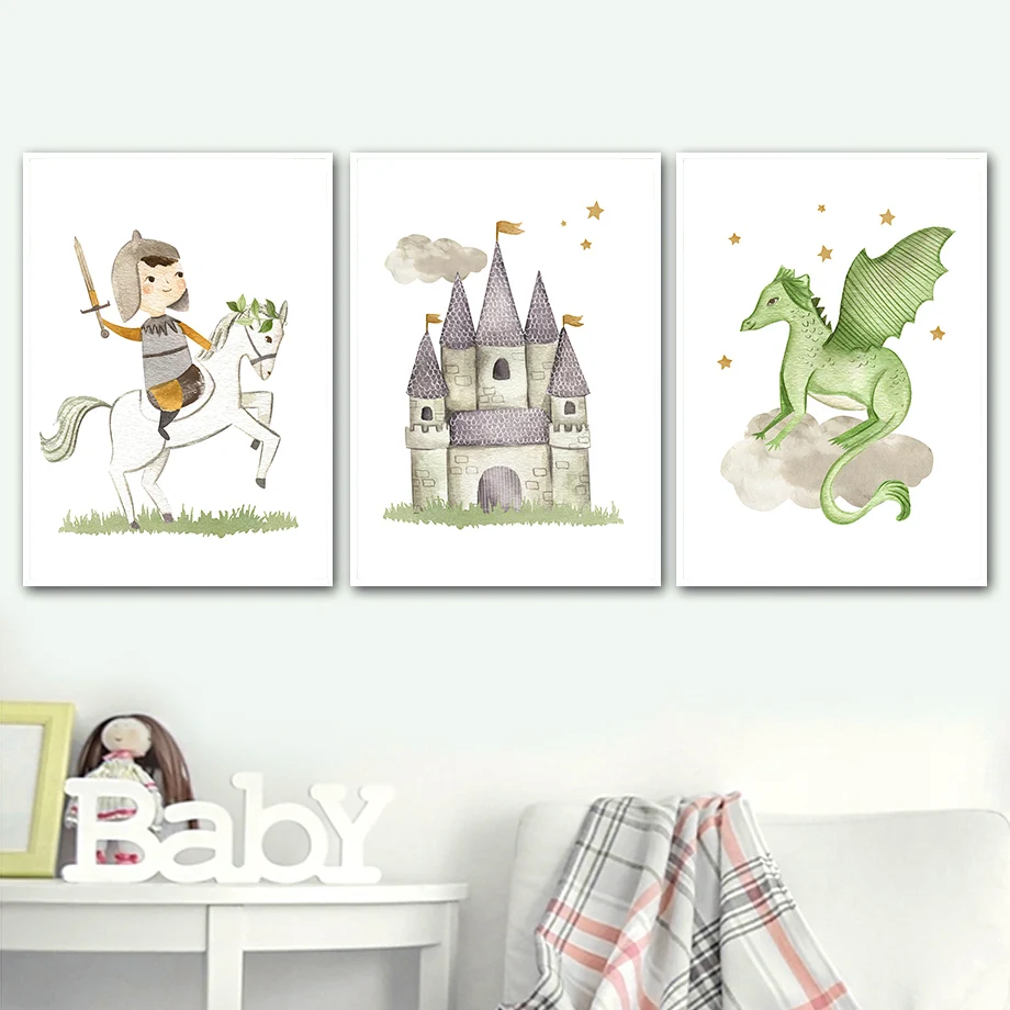 

Castle Prince horse Dragon fairy tale Wall Art Canvas Painting Nordic Posters And Prints Wall Pictures Baby Kids Room Decor