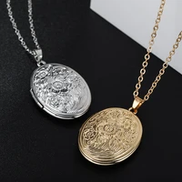 2021 new nordic style oval carved flower stripe locket pendant necklace women vintage 2 colors opening photo locket jewelry