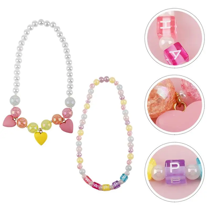 

2pcs Kids Colorful Beads Necklace Gorgeous Pretty Children Heart Pendant Necklace