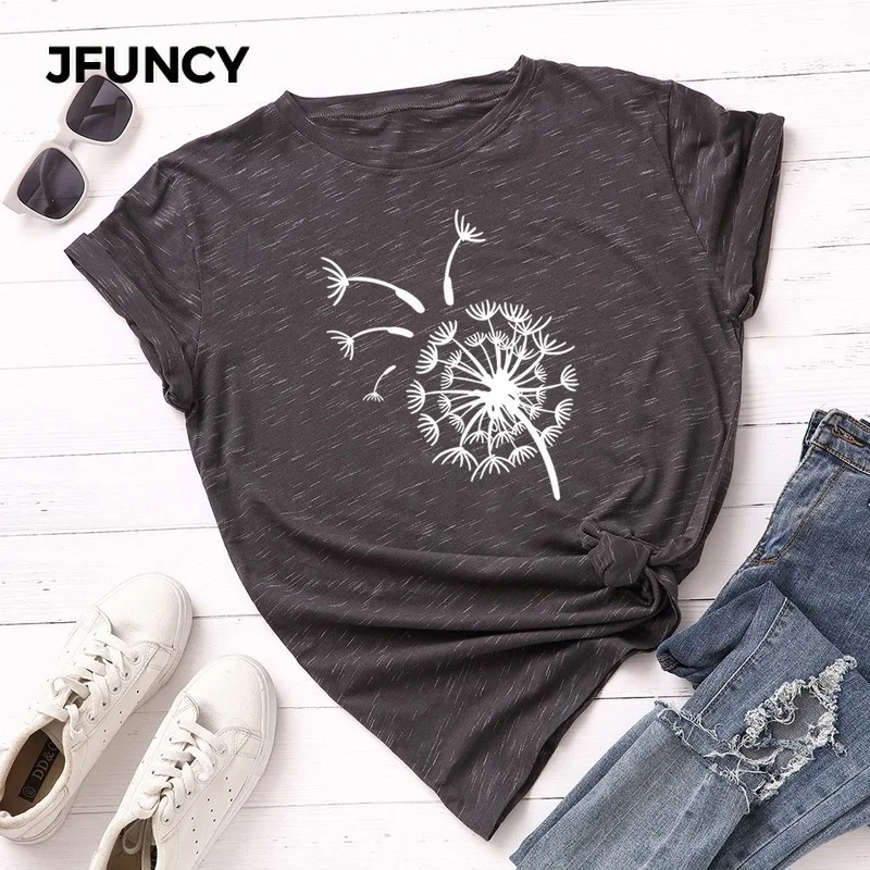 JFUNCY  Women Summer T-Shirt 100% Cotton Short Sleeve Female T Shirt Flying Dandelion Printed Woman Tees Lady Tops