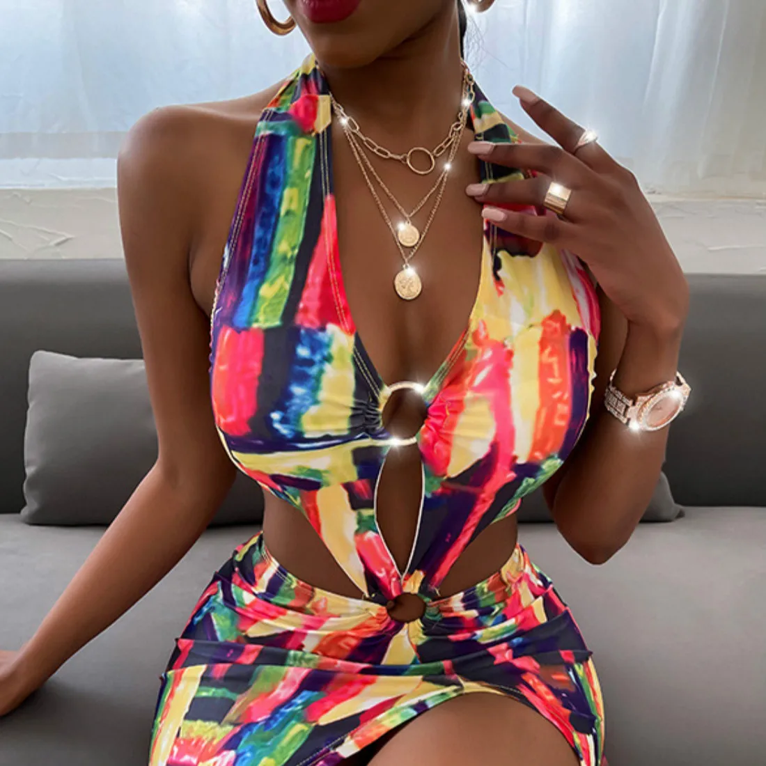 

2021 Summer New Fashion Women's Sexy Graffiti Print Bikini Sexy Print One-Piece Swimsuit