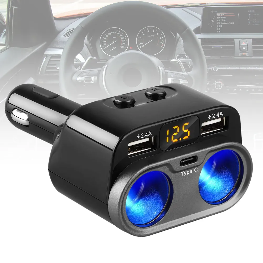 2019 Автомобильный Разветвитель Прикуривателя с двумя USB разъемами и ЖК дисплеем