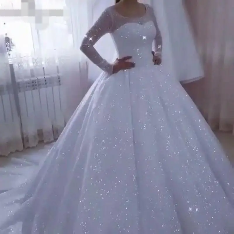 

Sparkle Princess Wedding Dresses Sequined Long Sleeve Lace Appliqued Bridal Gowns