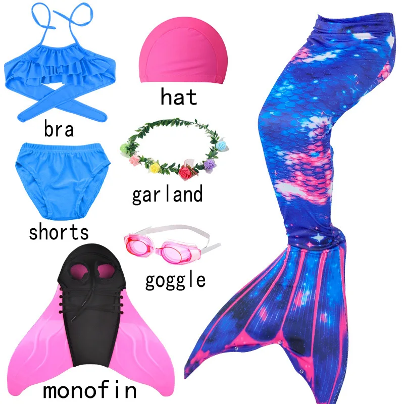 

Купальник для девочек с хвостом русалки, пляжный купальный костюм Русалочки, комплект из 7 предметов, с моноластами, для косплея, лето