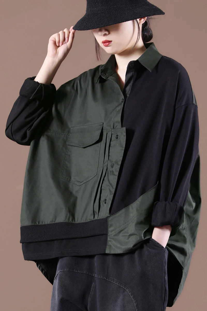 

SuperAen New Spring 2021 Loose Plus Size Knitting Patchwork Turn Down Collar Pullover Shirts Womens Tops