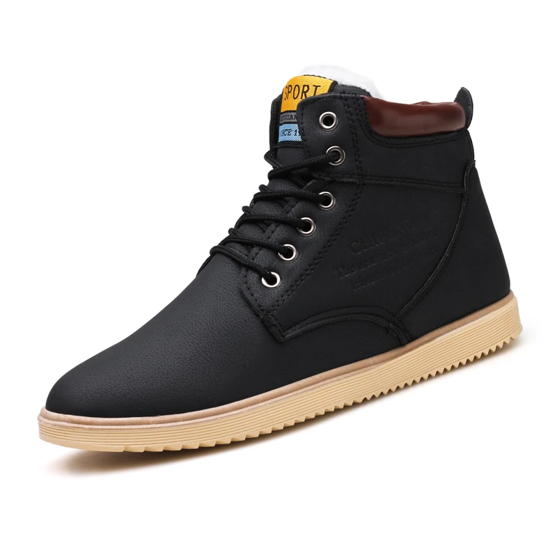 Мужские уличные Нескользящие ботинки черные кожаные на меху шнуровке теплые