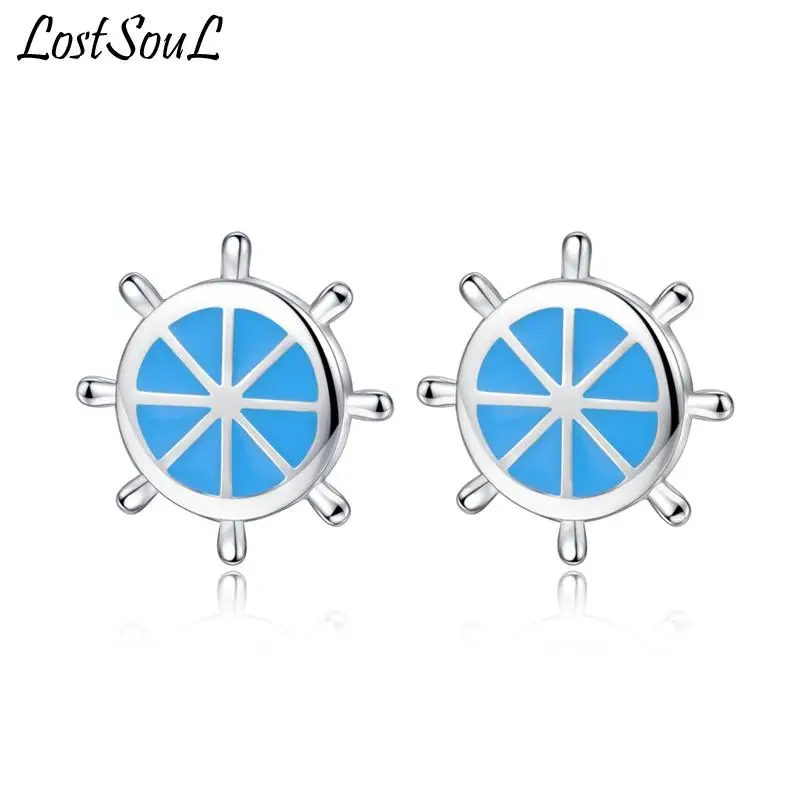 

Unique Navy Style Blue Rudder Stud Earrings 925 Sterling Silver Anti Allergy For Ladies Earrings Jewelry Valentine Birthday Gift