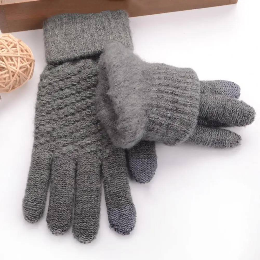 

1 Pair Skiing Gloves Touch Screen Full Finger Women Gloves Winter Ribbed Cuff Stretchy Knitted Jacquard Gloves for Outdoor