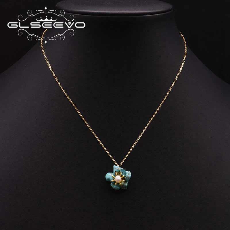 

GLSEEVO Natural Baroque Freshwater Pearl Necklace For Birthday Gift Turquoise Flower Pendant Chain Luxury Jewelry GN0245