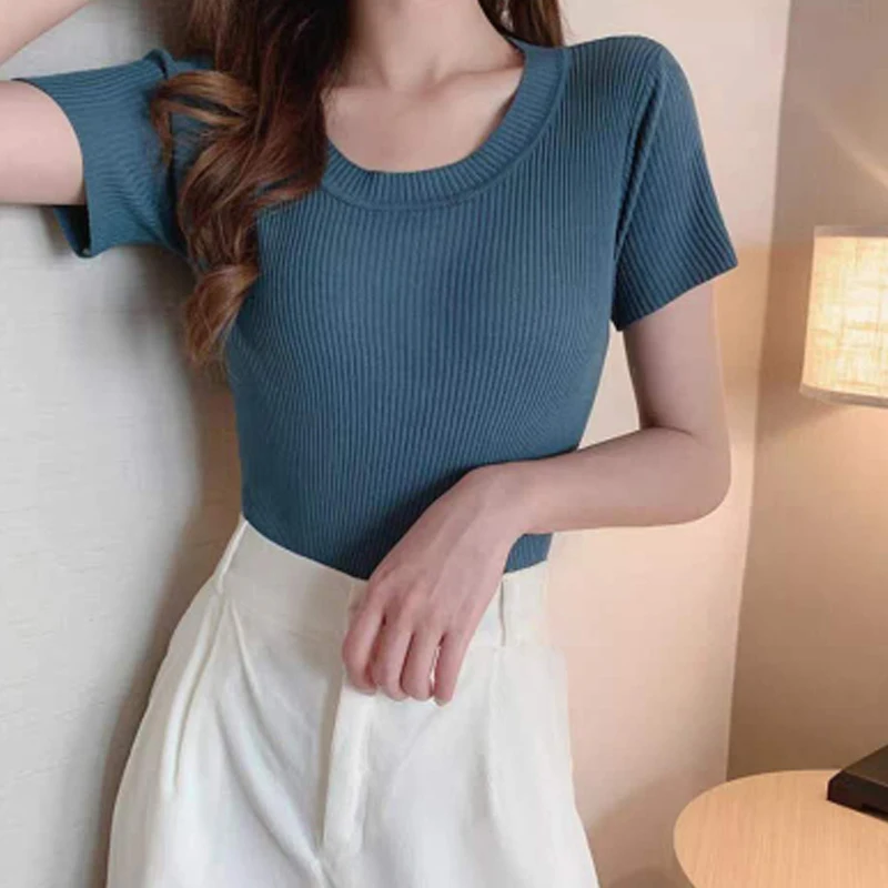 

2021 women's slim-fit T-shirt is thin,summer fashion new round neck icy silk candy color knitted top simple base t-shirts #6415