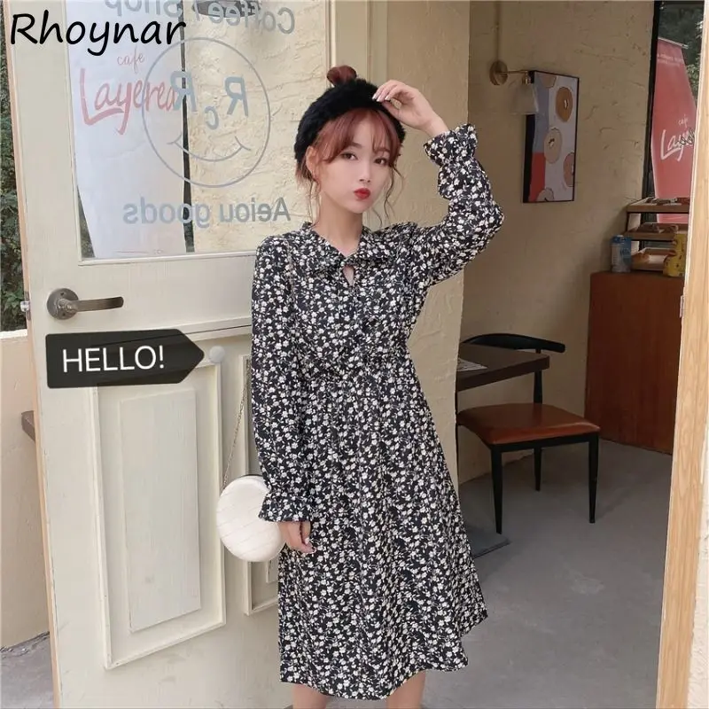 

Женское винтажное платье с длинным рукавом, элегантное универсальное платье до середины икры с цветочным принтом, уличная одежда для отдых...