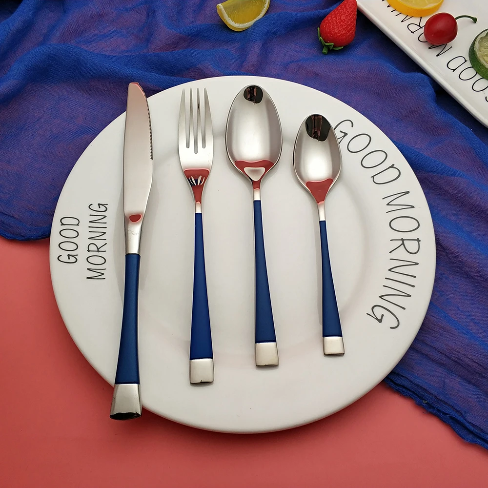 4PCS Горячая 18/10 Синий Серебряный столовые приборы из нержавеющей стали столовый набор золотой столовые приборы ложки и вилки cutipol наборы столовые приборы набор столовых приборов столовый набор приборов - Цвет: 4PCS