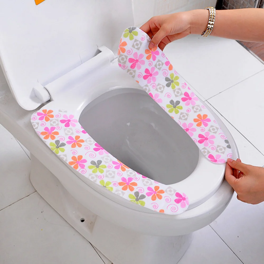 

5 Pair Bathroom Toilet Seat Cushion Cartoon Style Sticky Washroom Warmer Washable Health Toilet Seat Lid Cover Pads(Random Color