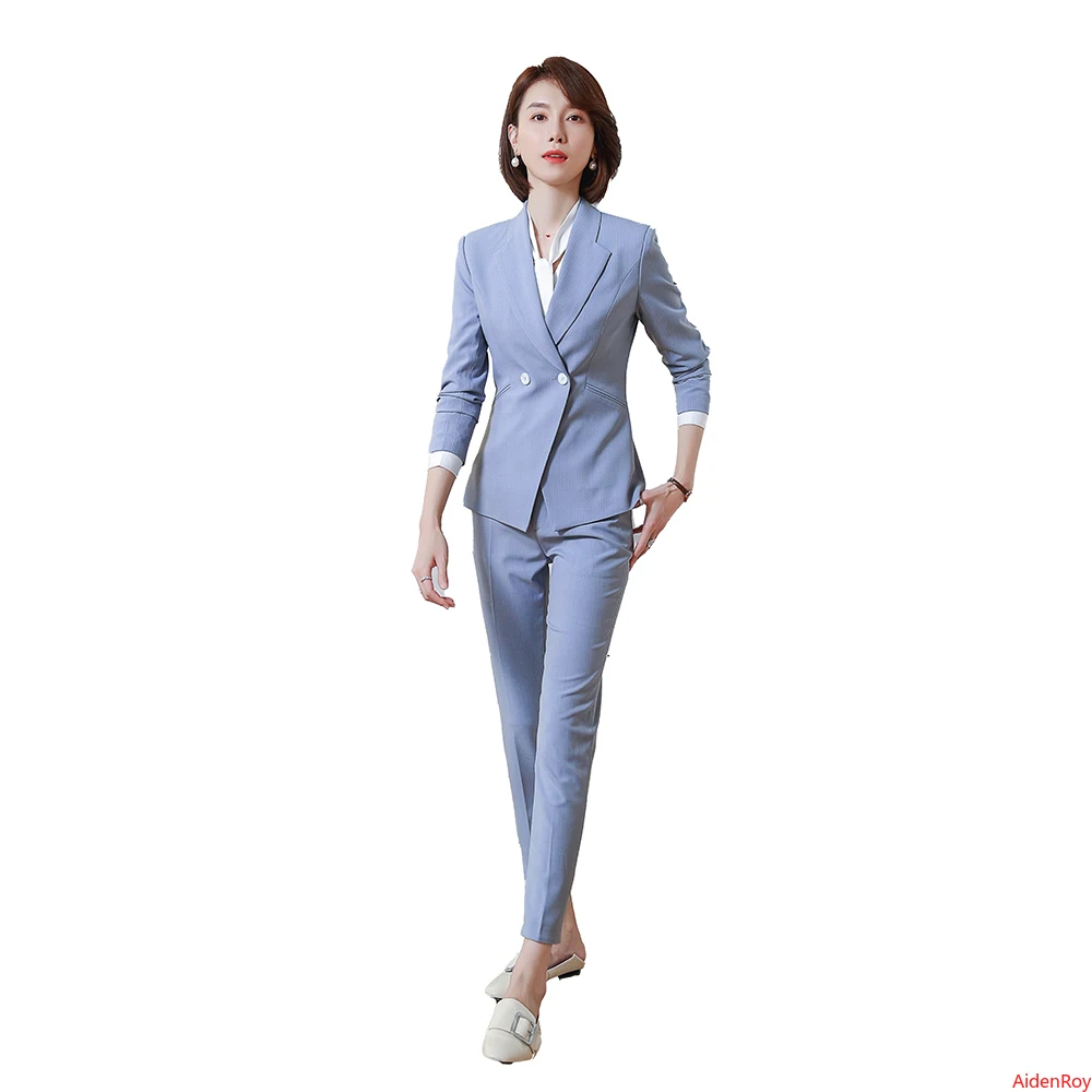 

Gray Blue Stripe Elegant Women Suit Blazer Formal Pantsuit Work Wear Long Sleeve Office Blazer and Pants Set Female 2 Pieces Set