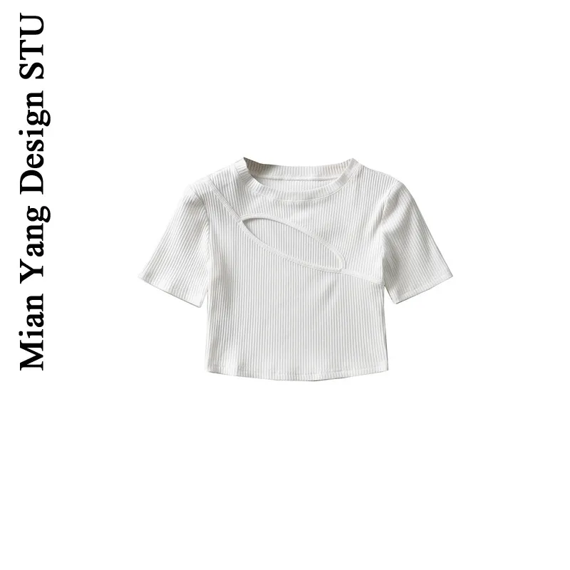 Хлопковая американская короткая футболка в стиле ретро с вырезами на груди