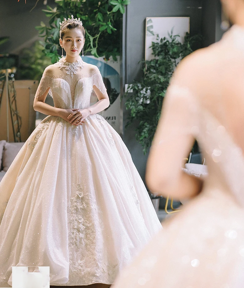 Vivian's Bridal блестящая вуаль свадебное платье кружева с высоким воротником, со стразами Иллюзия сетки Бисероплетение кисточкой Принцесса фантазия Свадебное бальное платье