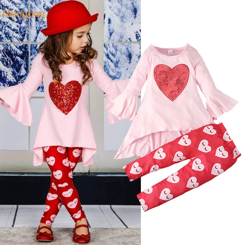 

KIDS Baby Girl Child Europe and America Valentine's Day Spring Autumn Trumpet Sleeve Top + Pants Love Pattern Set 2PCS