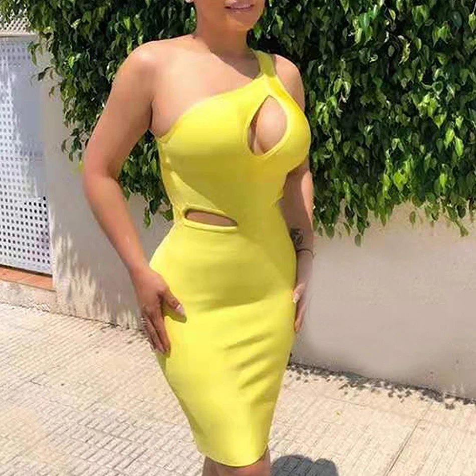 2021 Summer New Bandage Dress Yellow Sexy Sleeveless One Shoulder Hollow Bodycon Mini Dresses Club Evening Party Vestidos | Женская