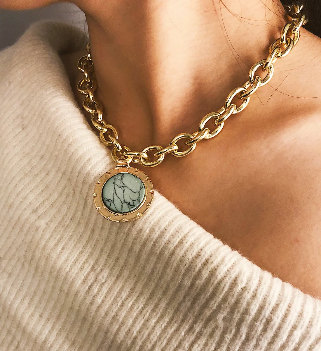 Увеличенные большие толстые алюминий цепи камень кулон ожерелье Мода колье для женщин творческий старинные