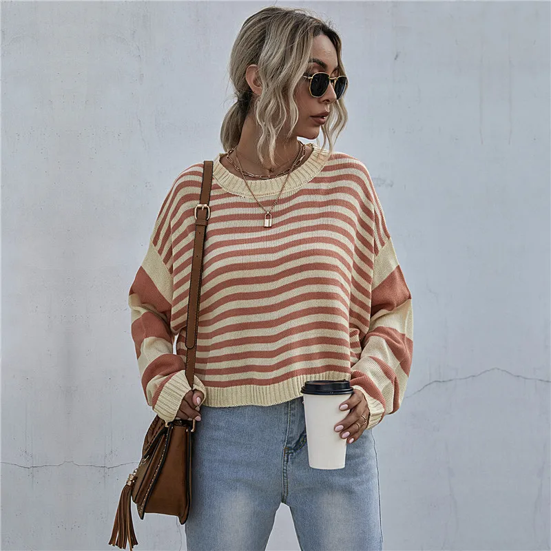 

2021 NewWomen Full Sleeve Autumn Winter Knitted Pullovers Sweater Oversize Tops for Women Fashion Short Striped Jumper Sweater