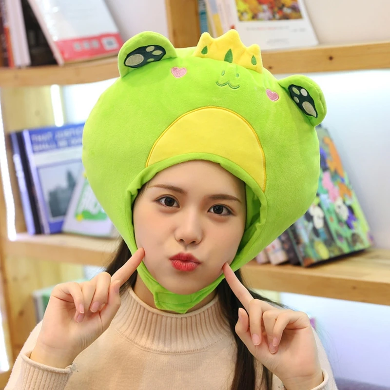 

Adult Kids Lovely Cartoon Prince Frog Plush Hat Funny Big Eyes Crown Stuffed Toys Headgear Warm Cap Performance Party Photo