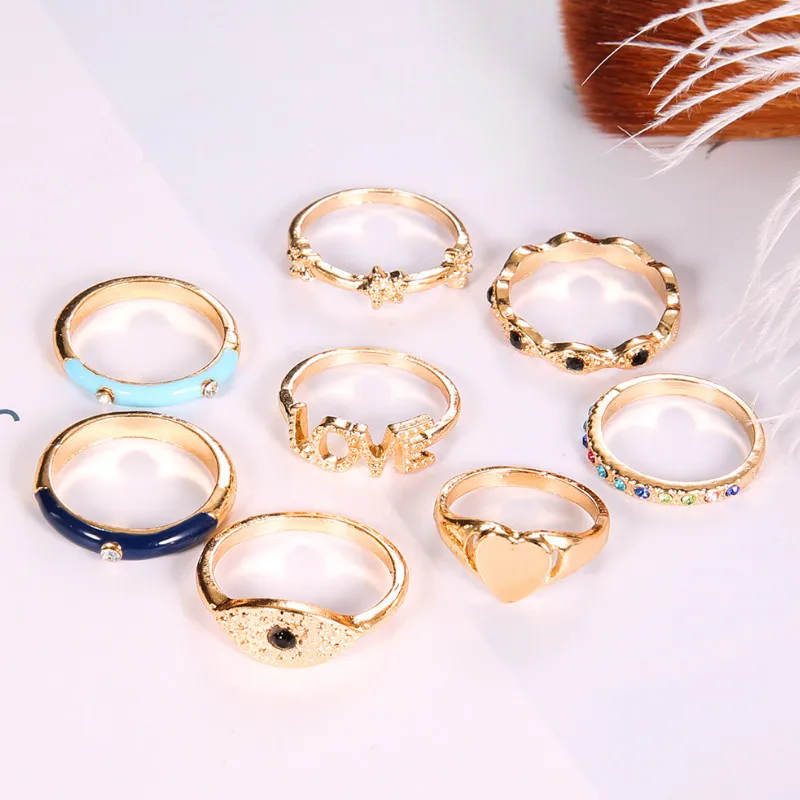 

Punk 8 Pcs/set Golden Heart Letters Diamond Geometry Finger Rings Set for Women Party Gift