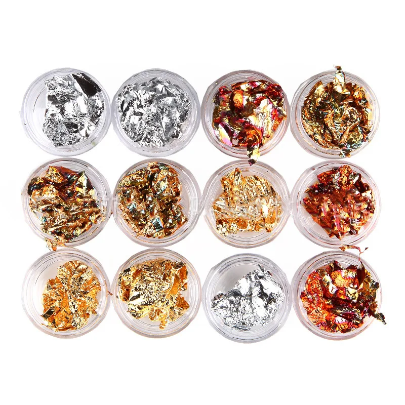 12 баночек/набор Фольга для ногтей для украшения дизайна ногтей нерегулярные алюминиевые листья фольги бумаги 3D ногтей Мерцающая Снежинка Набор PB24