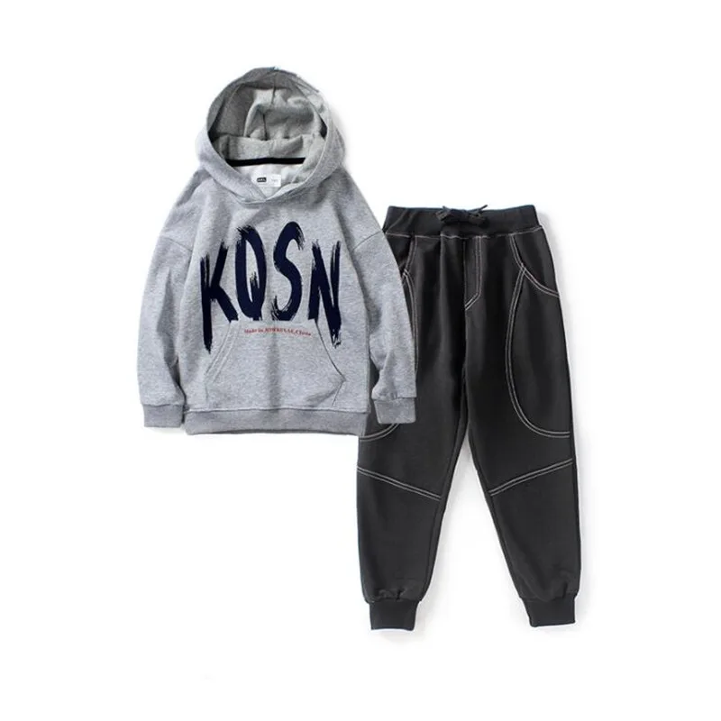 

2021 Autumn Winter New Boys' Fashion Printed Suit Children's Knitted Hooded Sweater + Pants Sports Two-piece Set For 5-14 Years