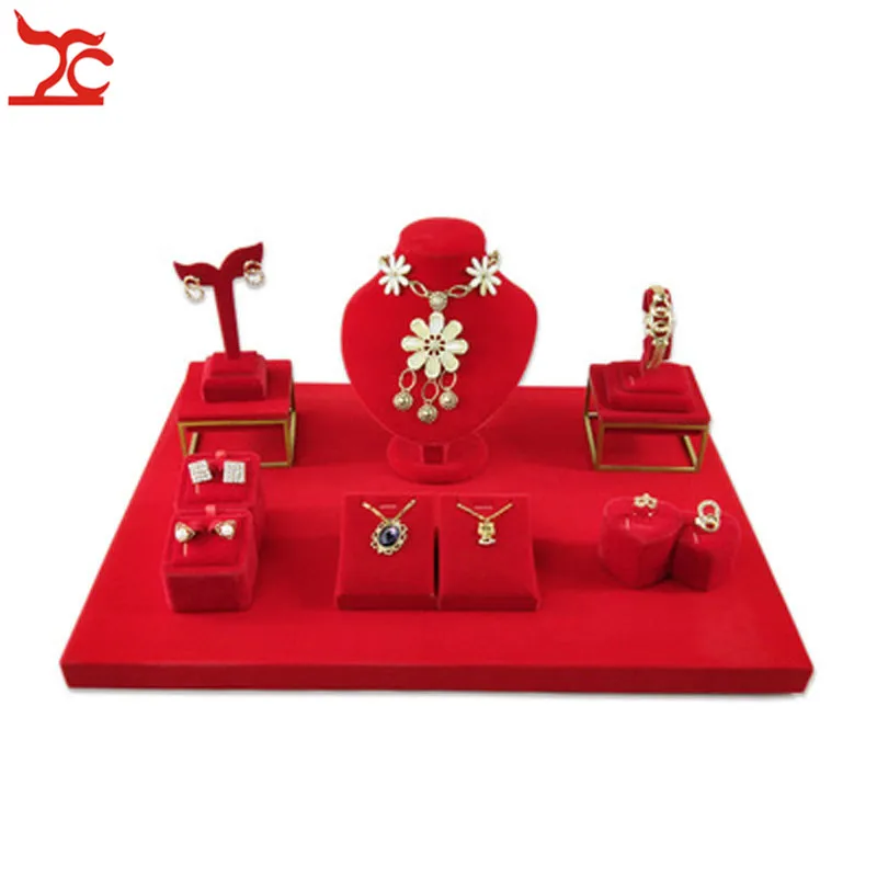 Quality Red Velvet Jewelry Display Holder Wedding Ring Necklace Bracelet Organizer Storage Stand Store Counter Showcase