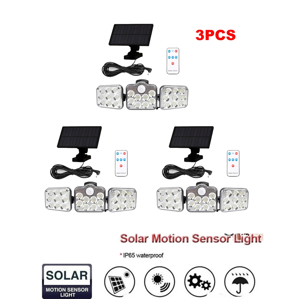 

3pcs 138 led remote seperable Solar Light Outdoor 3 Head Motion Sensor 270 Wide Angle Illumination Wall Lamp Garden Garage 5M ca
