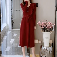 fashion dress women solid button up dresses women ruffles knitted red clothing high waist long dresses drawstring bow dresses ol