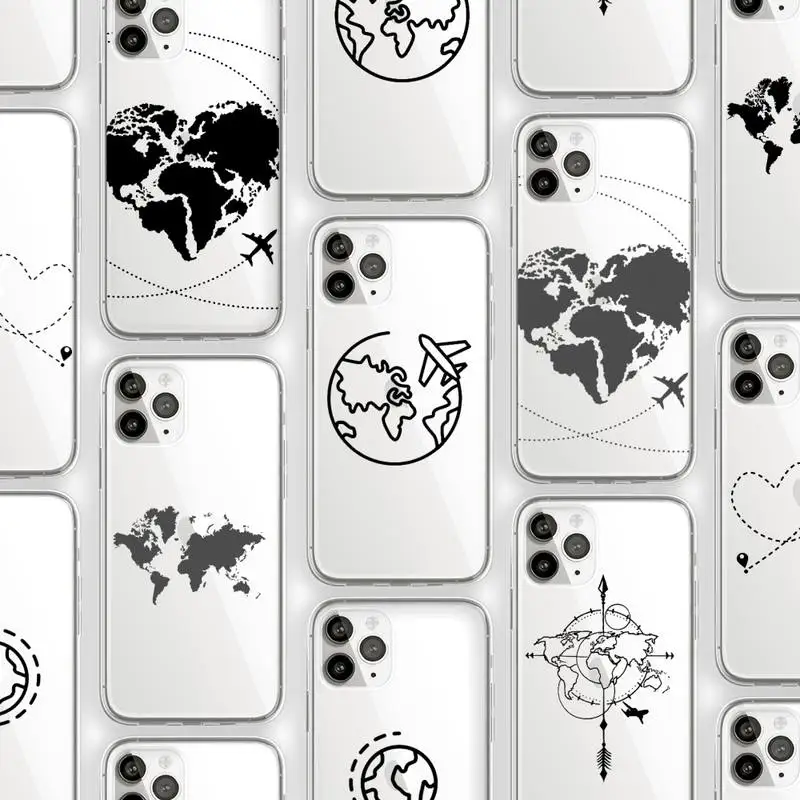 

Black line simple airplane world map Phone Case Transparent for iPhone Samsung 11 12 6 7 8 9 30 Pro X Max XR Plus lite