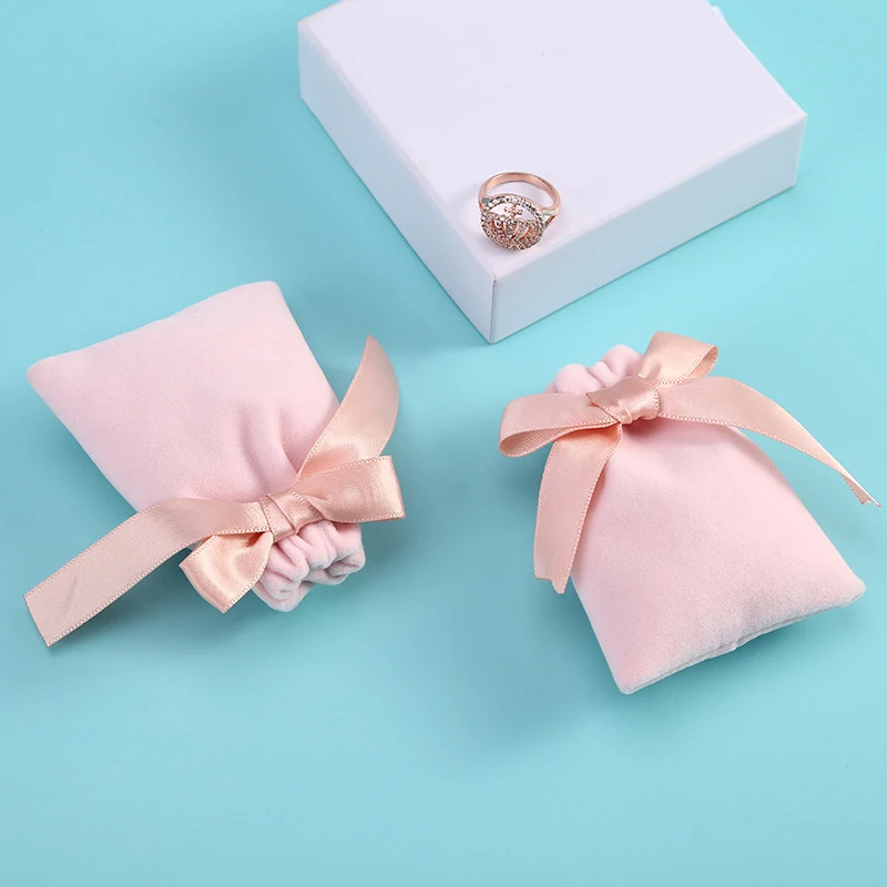 

1pcs Pink Jewelry Velvet Bags With Ribbon Flannel Pouches Wedding Candy Gift Packing Christmas Decoration Drawstring Pouches