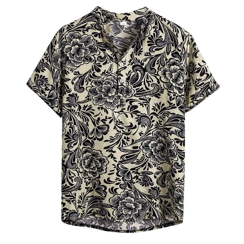 Gray Мужская гавайская рубашка camisa, летняя Этническая Повседневная хлопковая льняная рубашка с коротким рукавом, мужская рубашка chemise homme, уличная одежда W - Color: Gray