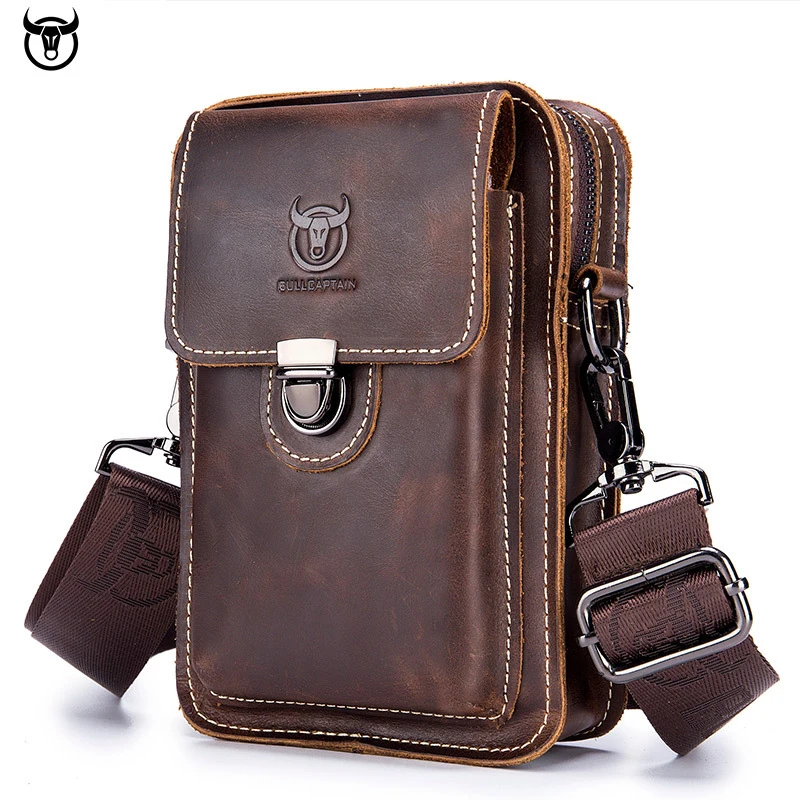 BULLCAPTAIN сумка на бедро мужская riñonera blanca tatico militar riñoneras Genuine Leather Waist Packs Men's Casual Solid Box 