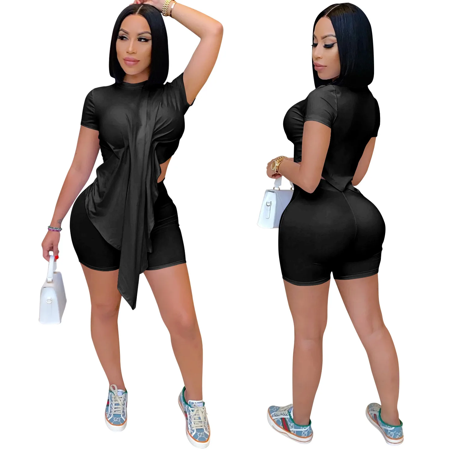 

Zoctuo Solid Skinny Irregular Short Set For Women Sexy Short Sleeve Pleated Two Piece Set Sexy Party Pencil Short Pant Set