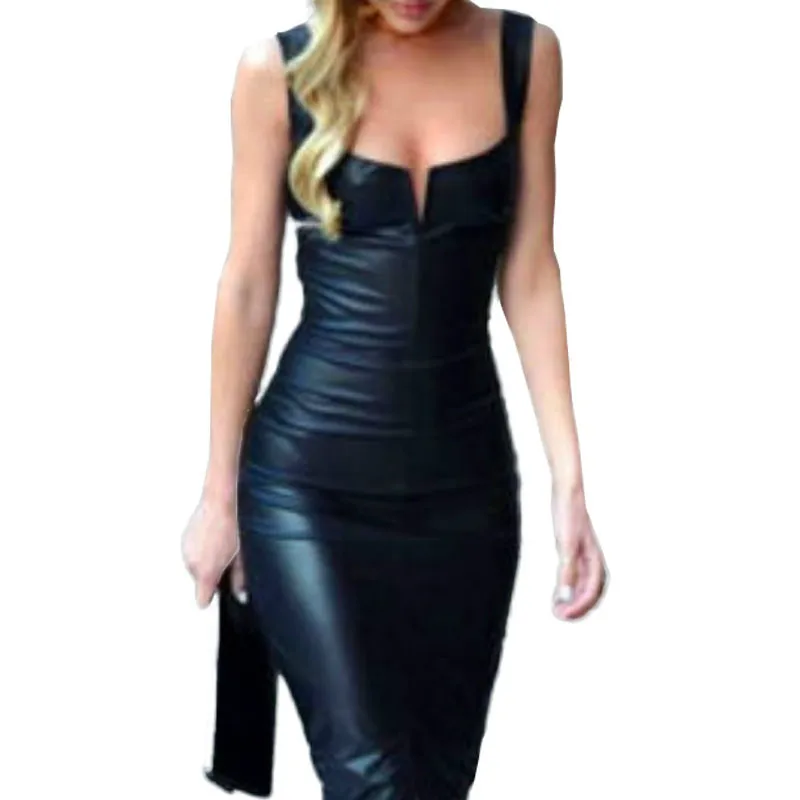 

Hot Sexy PU Leather Bandage Bodycon Dress For Women Elegant Formal Party Office Lady Midi Skinny Zipper Black Dresses Plus Size