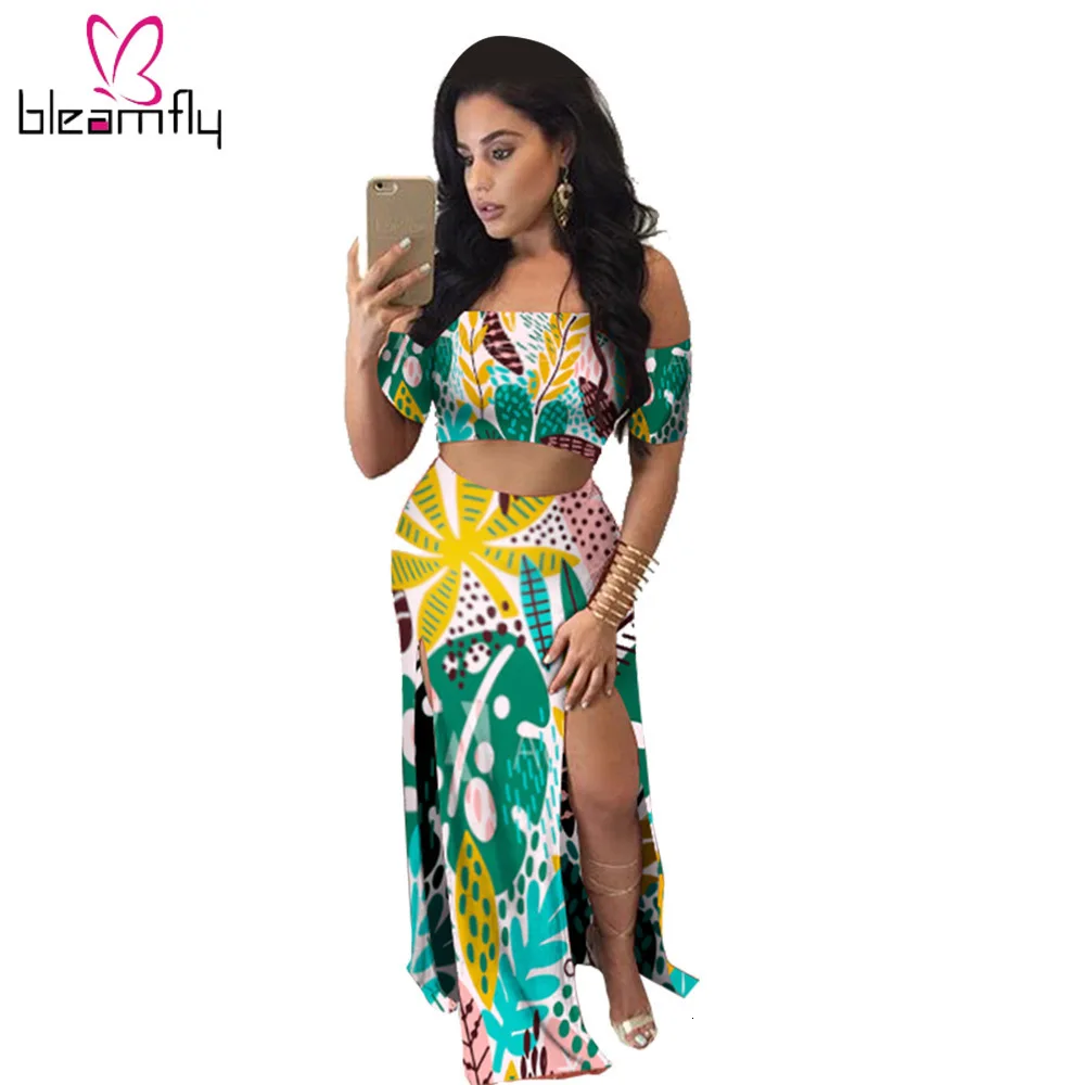 2019 женский летний короткий топ с открытыми плечами высоким разрезом макси юбка